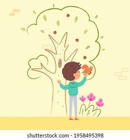 Boy painting wall in kindergarten with tree and squirrel. Kid doing creative art with brush vector illustration. Little happy boy drawing animal on branch with paint in room.