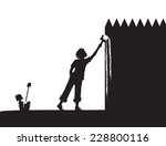 boy paints the fence, shadows, vector black and white,