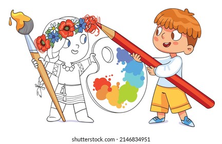 Boy paints girl with a big magic pencil. Concept drawing for a coloring book. Colorful cartoon characters. Funny vector illustration. Isolated on white background
