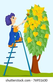 The boy paints a green tree in yellow color. Vector illustration.
