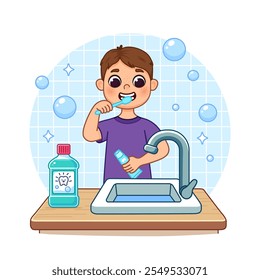 Menino de pijamas escovando os dentes com escova de dentes e pasta de dente, de pé perto da pia com torneira. Há enxaguante bucal na mesa. Ilustração em estilo de desenho animado, isolado.