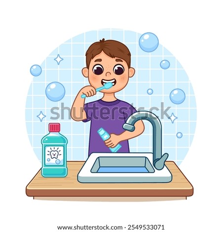 Boy in pajamas brushing teeth with toothbrush and toothpaste, standing near sink with tap. There is mouthwash on table. Cartoon style illustration, isolated.
