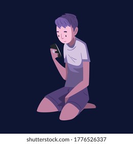 Boy in Pajamas Sitting with Smartphone at Night, Guy Using Gadget for Playing Online Video Game or Chatting on Social Networks Vector Illustration
