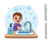 Boy in pajamas washes his hands under running water from the tap, standing near the sink. There is antimicrobial soap on the table. Cartoon style illustration, isolated.