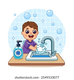 Boy in pajamas washes his hands under running water from the tap, standing near the sink. There is antimicrobial soap on the table. Cartoon style illustration, isolated.