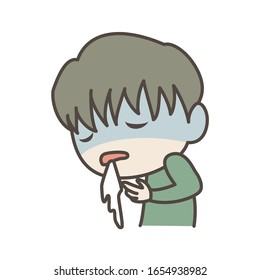 A boy with a pale face is vomiting