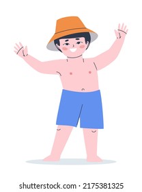 A boy in panama and shorts waves his hands in greeting. Isolated on white background.Flat vector illustration. Eps10