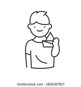 Boy with paper boat icon, linear isolated illustration, thin line vector, web design sign, outline concept symbol with editable stroke on white background.