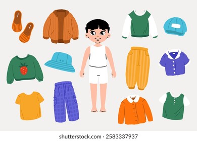 Boy paper doll. Outfit for cute cartoon cutout teenager character with different clothes, fashion kid wardrobe with garments. Vector paper game flat set.