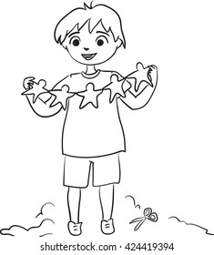 Boy with paper stars. Vector sketch. 