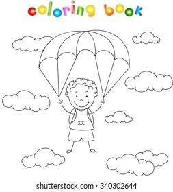 Boy parachutist descends from the sky on a parachute through the clouds. Coloring book. Vector illustration