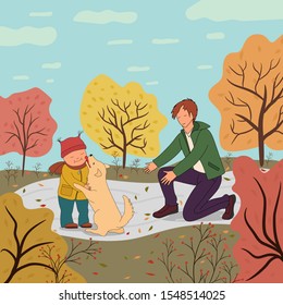 Boy with parents walking with a dog in the autumn.