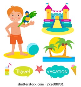 Boy, Parrot, Bouncy Castle And Palms. Set Vacation, Tourism Icons And Balloons With Text: Vacation, Travel. Cartoon Illustrations On A White Background. 