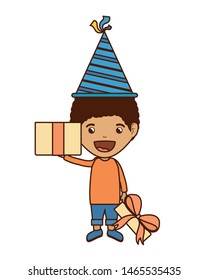 boy with party hat and gift box in birthday celebration