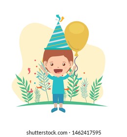 boy with party hat and helium balloon in birthday celebration