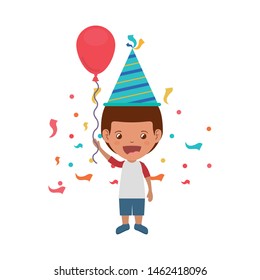 boy with party hat and helium balloon in birthday celebration