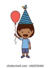 boy with party hat and helium balloon in birthday celebration