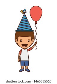 boy with party hat and helium balloon in birthday celebration