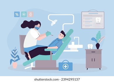 Boy patient in chair in dental clinic or hospital with dentist. Healthcare. Dentist in room interior with furniture, kid on chair, female doctor performing dental operation. flat vector illustration