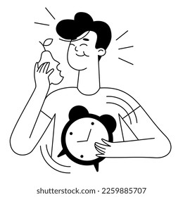 Boy with pear and alarm clock. Punctuality, signboard, schedule, hourglass, timer, stopwatch, 24, around the clock, planning, appointment. Time management concept. Vector illustration in flat style