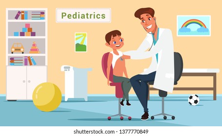 Boy in pediatrics office flat illustration. Children medicine and healthcare. Male pediatrician examining kid with stethoscope. Doctor and patient cartoon characters. Hospital consulting room