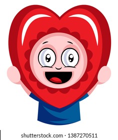 Boy peeking through red heart illustration vector on white background