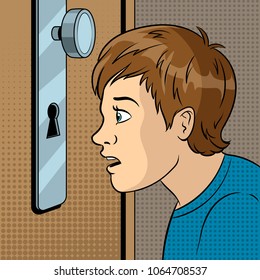 Boy peeks into the keyhole pop art retro vector illustration. Comic book style imitation.