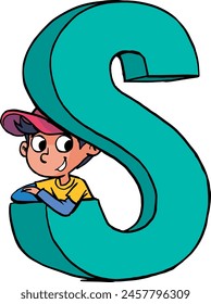 boy peeks out from the capital letter S