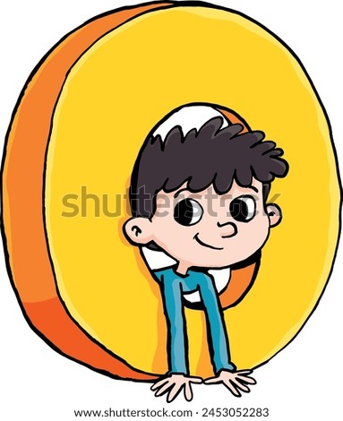 boy peeks out from the capital letter O