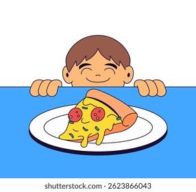  menino espreita sobre uma mesa azul, sorrindo ansiosamente em uma fatia de pizza de pepperoni cheesy em uma placa branca desenho de vetor mão desenhada ilustração momento de alegria e antecipação da comida