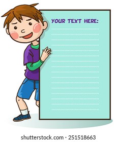 Boy peeping behind one placard for text. Back to School isolated objects on white background. Great illustration for a school books and more. VECTOR. Editorial. Education. Advertising. Board.