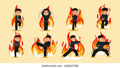 boy in pencak silat pose with fire background