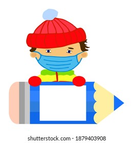 Boy with pencil, frame for text, medical mask