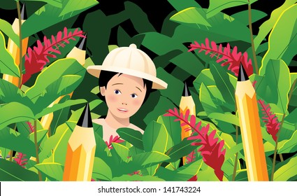 Boy in pencil jungle. EPS 10 vector, grouped for easy editing. No open shapes or paths.