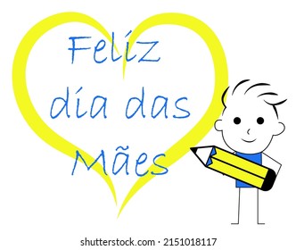 Boy with pencil writing Happy Mother's Day. Vector boy holding pencil drawing a heart. Mother's Day illustration for banner, template, header, social media, poster - Brasil