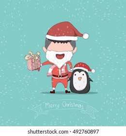 Boy and Penguin cute Christmas character. drawing by hand vector and digital illustration created without reference image.