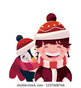 boy and penguin with hat and scarf in white background vector illustration design