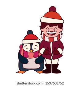boy and penguin with hat and scarf in white background vector illustration design
