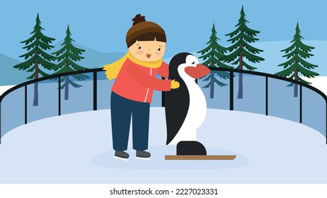 Un niño con un pingüino en una pista de patinaje