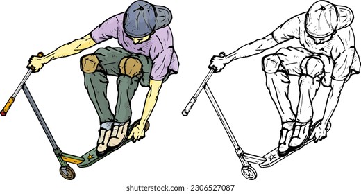 Boy perform an aerial stunt with a kick scooter bike, isolated against white. Hand drawn vector illustration.