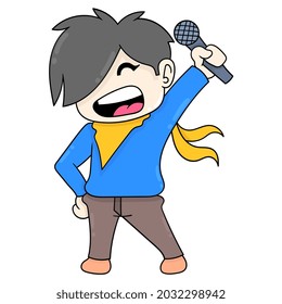 boy in performance holding microphone happily singing concert song, vector illustration art. doodle icon image kawaii.