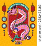 Boy performing dragon dance on retro style light orange background with wave pattern. Text: Welcome good fortune in spring.