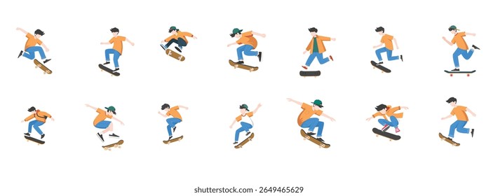 Boy Performing Skateboard Tricks Vector Set – Skater Action Poses
