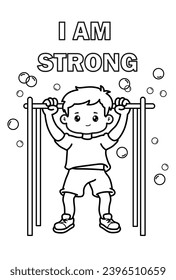 The boy performs sports exercises on the horizontal bar. Coloring book for children. Black and white vector illustration.