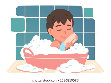 Boy person bathing in bathtub. Happy child sitting in bath tub among soap bubbles pouring water in bathroom. Cute kid cartoon character hygiene, body skin care, health flat vector illustration