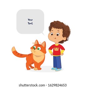 The Boy with the Pet Cat. Caring for domestic animals concept. School boy and his pet Red Cat and speech bubble with place for text isolated on white background.