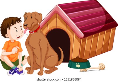 Boy and pet dog at doghouse illustration