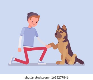Boy with a pet dog friend. Happy guy teaching cute puppy giving a paw shaking hand, human and animal friendship for comfort and support, playful life companion. Vector flat style cartoon illustration