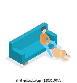 Boy with a pet dog waiting in queue in veterinary clinic. Wait for doctor professional examination. Isolated vector isometric illustration