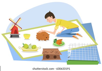 Boy with pet guinea pig, surrounded by food, cage, toys and house (vector illustration)